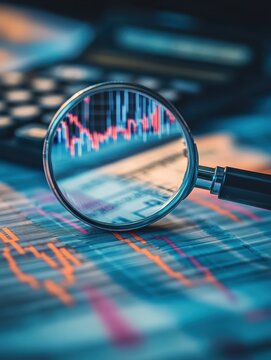 Examining stock market trends with a magnifying glass and calculator in a modern financial environment