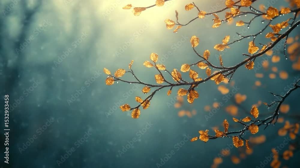 Aufkleber autumnal branch in soft light: a delicate tree branch adorned with golden leaves reaches towards the