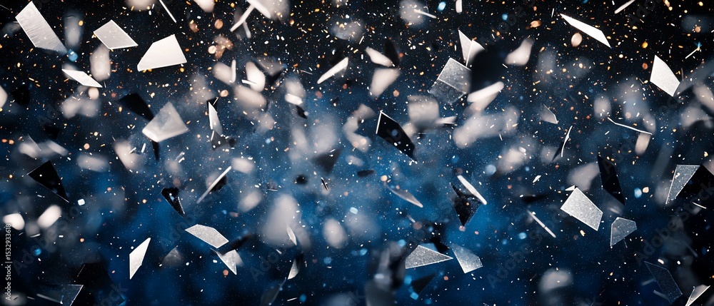Poster abstract fractured fragments floating in blue speckled space simulation