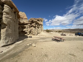 Nature sand rock formation and camping table