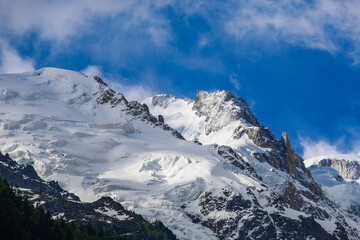 Amazing view of the Glacier des Bossons . Bossons Glacier in Mont Blanc Massif, Haute Savoie, French Alps, Chamonix, Europe