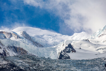 Amazing view of the Glacier des Bossons . Bossons Glacier in Mont Blanc Massif, Haute Savoie, French Alps, Chamonix, Europe