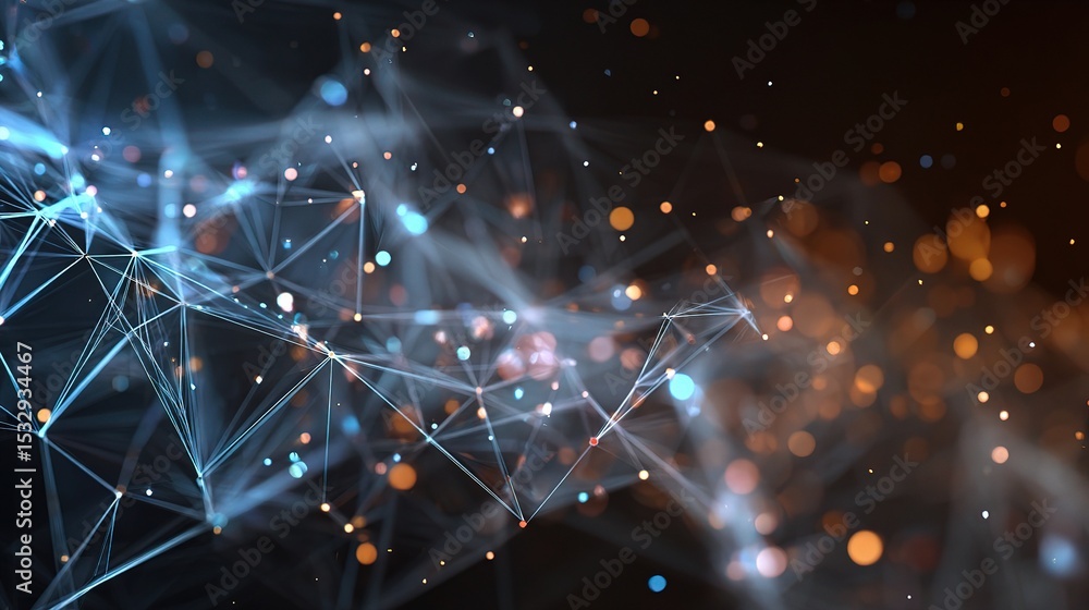 Poster abstract polygon mesh with moving light points in digital space