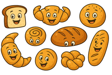A set of happy bread cartoon characters in various poses and expressions, isolated on transparent background.
