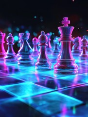 Strategic move in a digital chess game at night with vibrant effects illuminating the board. Generative AI
