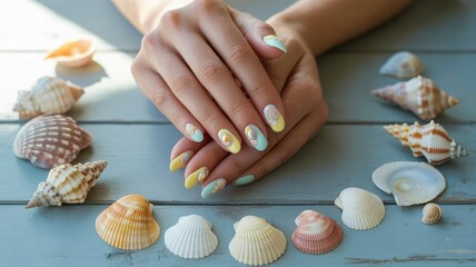 Elegant summer seashell nail art design on woman s hands