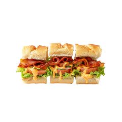 Three Delicious Bacon Sandwiches on Crusty Rolls with Lettuce, Tomato, and Creamy Sauce
