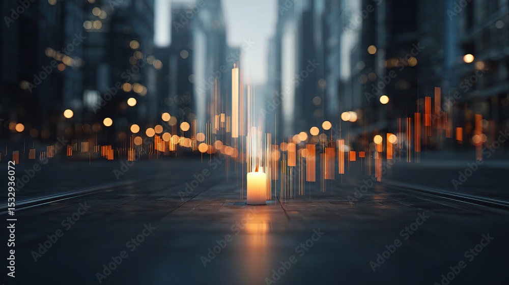 Poster abstract glowing candlestick data visualization over dim background