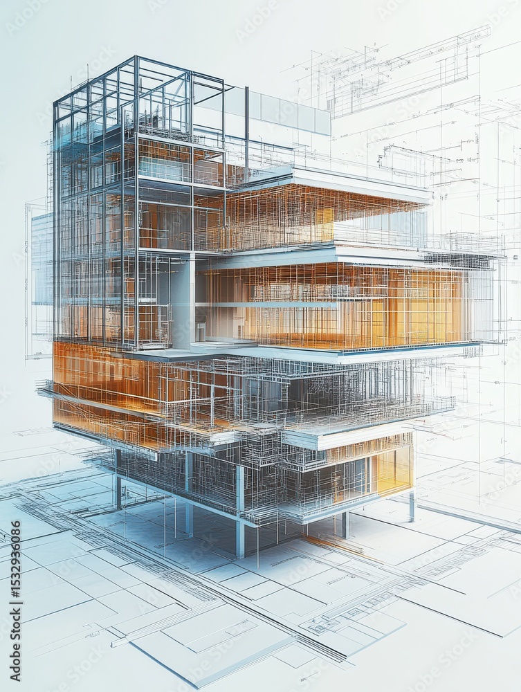 Poster digital construction building information modeling bim concept with 3d model and blueprints vector i