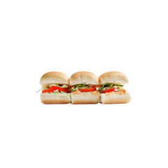 Three Mini Burgers on White Buns with Lettuce and Tomato