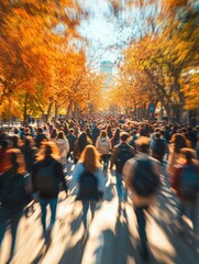 Obraz premium Crowd of students walking through a college campus on a sunny autumn day, motion blur