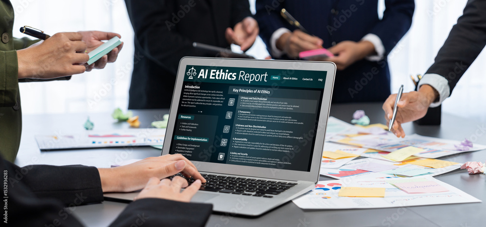Poster ai ethics responsibility standard law and rules on computer screen provide report of ai ethic transp