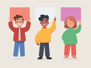 Diverse Group Holds Blank Sign: A group of diverse individuals stands tall, each holding a blank sign aloft, beckoning creative messaging and calls to action, against neutral backdrop.