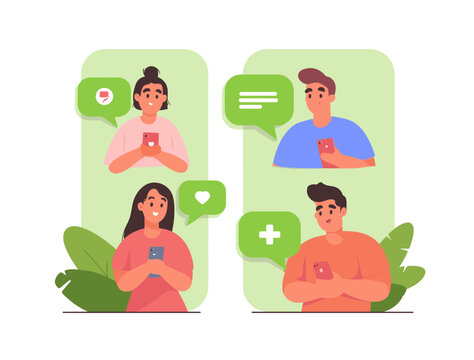 Digital Connection: A vibrant illustration depicting individuals engaged in digital communication through their smartphones, exchanging messages and interactions.