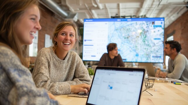 Team meeting in casual office with smiling colleagues around a table, discussing project in front of digital map screen