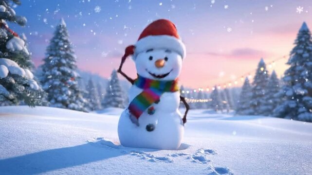 Happy Christmas snowman dancing with Santa hat with snowfall and Christmas lights and trees.