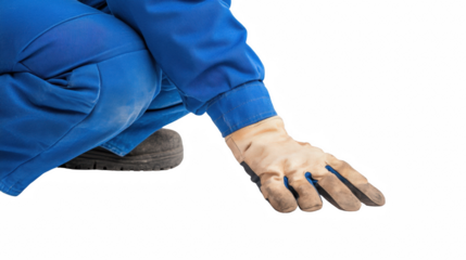 Close-up of a worker in blue uniform with a glove on one hand, depicting manual labor and industrial work.
