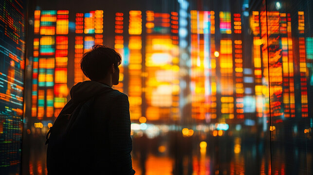 Traveler observes vibrant city lights and data at night