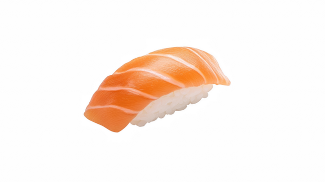 Close-up of fresh salmon sushi nigiri with perfect rice and fish texture on a white background.