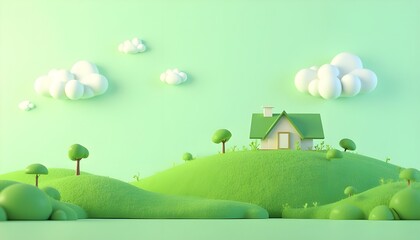 Green Hilltop House with Trees and Clouds: Concept of Sustainable Living, Peaceful Environment, and Eco-Friendly Home
