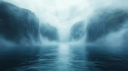Fototapeta premium Misty fjord waterway with cliffs, fog, and dramatic sky