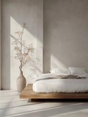 Sleek, floating bed in a minimalist bedroom.