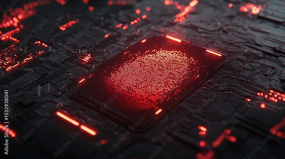Poster futuristic technology core with digital red light pattern integrated circuits