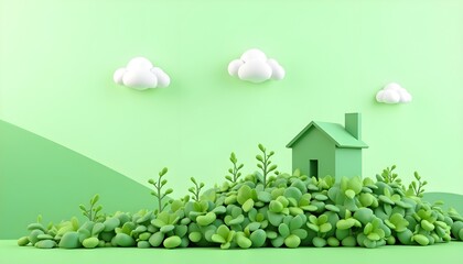 Green House Amidst Lush Bushes and Clouds: Concept of Eco-Friendly Home and Sustainable Environment