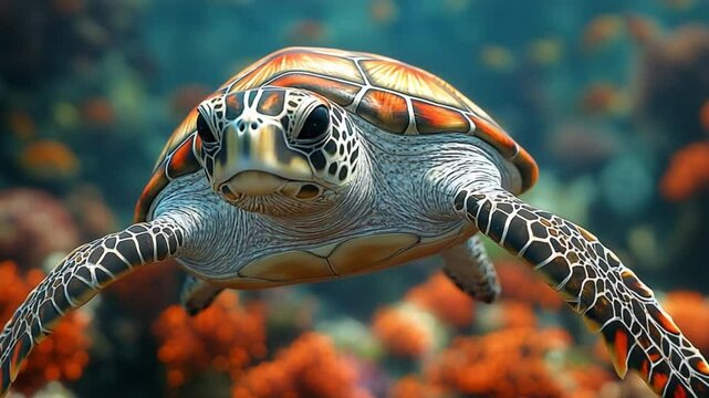 Sea Turtle in Coral Reef: A close-up of a sea turtle gracefully swimming amidst a vibrant coral reef, showcasing its intricate shell pattern and captivating gaze.