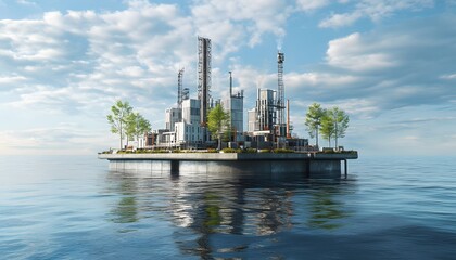 Industrial complex on a floating island in a body of water.
