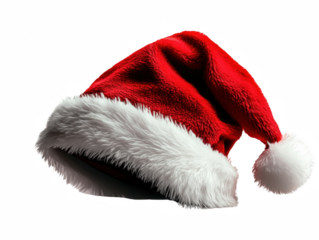 Festive red Santa hat with white fur trim on a white background, symbolizing Christmas joy and holiday spirit.
