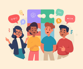 Fototapeta premium Teamwork and Puzzle: Diverse individuals collaborate to solve a puzzle, each contributing ideas and insights, symbolizing teamwork and shared goals.