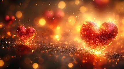 Sparkling red hearts on a dark background with warm lights