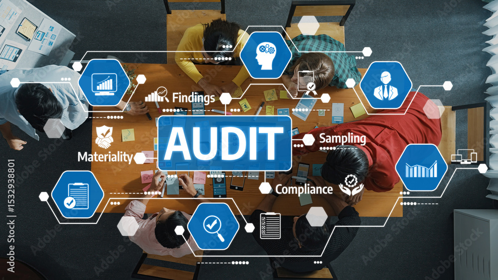 Poster a diverse group of professionals collaborates on an audit process, utilizing charts and digital tool