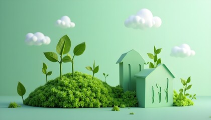 Green Houses and Growing Plants: Concept of Sustainable Living, Eco-Friendly Homes, and Environmental Harmony