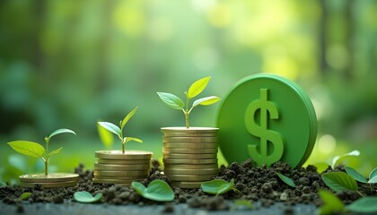 Growing Plants on Coin Stacks with Green Dollar Symbol: Concept of Sustainable Investment and Financial Growth in Nature