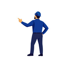Rear view of a construction worker in blue uniform, gesturing.
