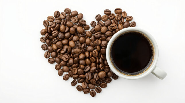 Heart shape made of roasted coffee beans with a white cup of black coffee beside, isolated on white background