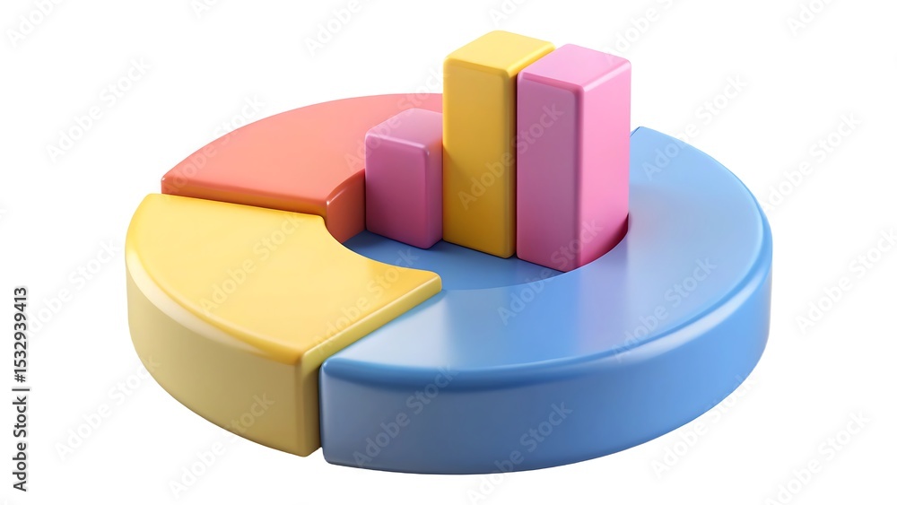 Poster colorful 3d pie chart and bar graph illustrating data analysis and business performance in a modern 