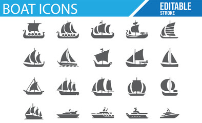Set of various boat and yacht icons for use in transportation, travel, and water sports designs.