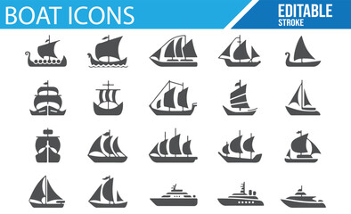 Vector boat and ship icons for waterway transport, coastal designs, and seafaring branding.