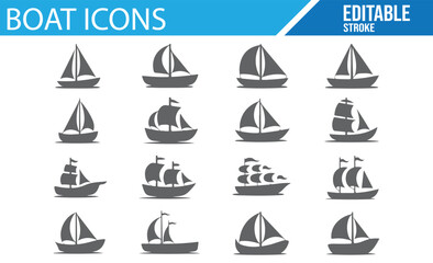 Editable sailboat and yacht icons for luxury travel, cruises, and maritime projects.