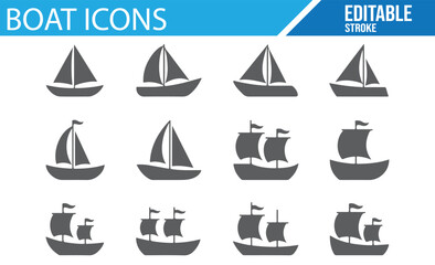 Collection of boat icons for maritime transportation, harbor, and shipping industries.