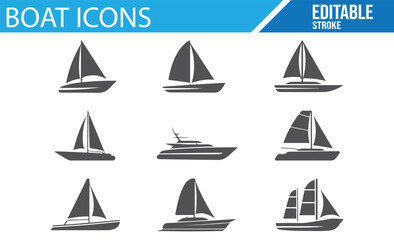 Line stroke boat icons for use in nautical, transportation, and adventure-related projects.

