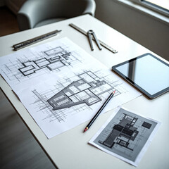 "Architect Workspace with Floor Plans, Technical Tools, and Digital Tablet on White Desk"