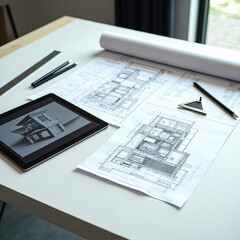 "Architect Workspace with Floor Plans, Technical Tools, and Digital Tablet on White Desk"