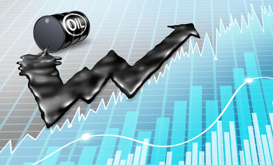 Rising Oil Prices and Increasing price of petroleum concept as a gasolene drum spilling fossil fuel with the black liquid shaped as an upward stock market graph arrow as a metaphor for rising costs.