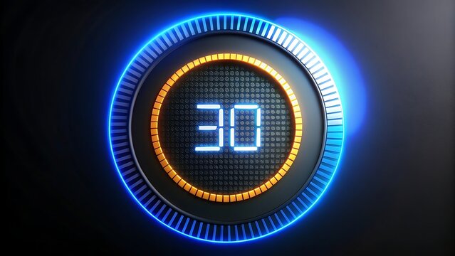 Glowing futuristic volume control knob with illuminated numeric indicator in blue light on dark background for UI or tech theme.