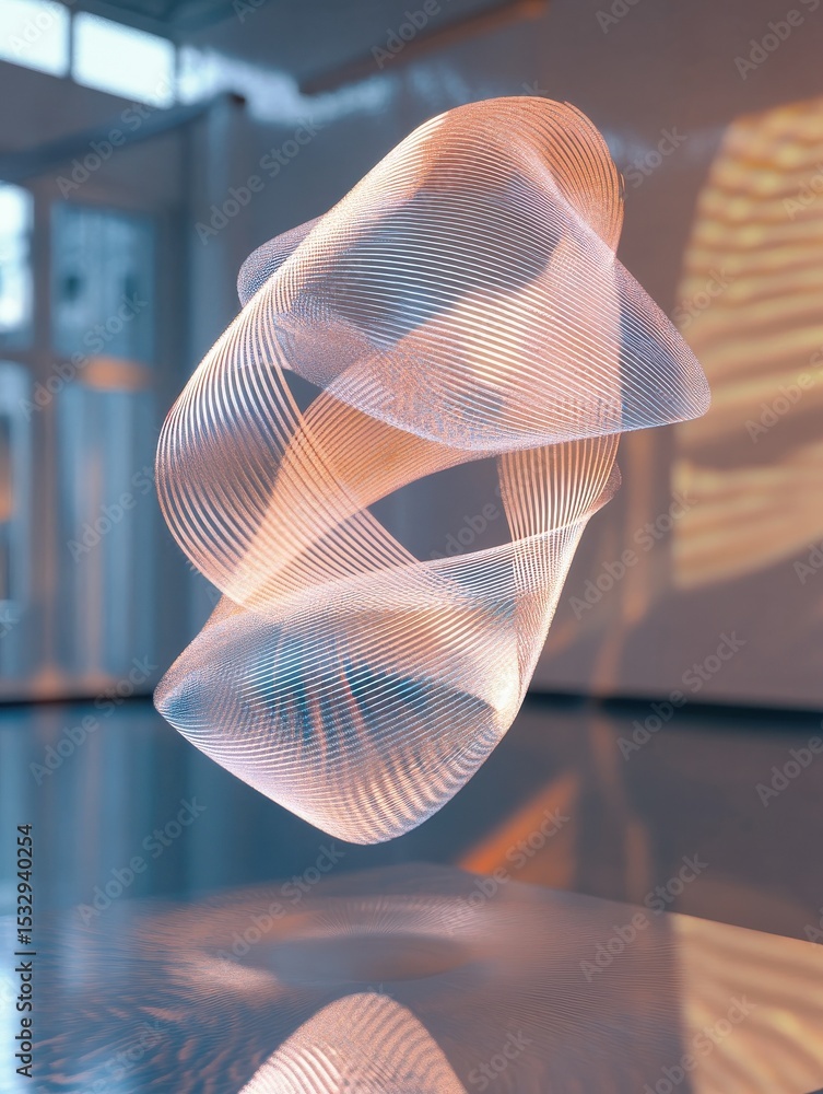 Poster a holographic installation displaying a rotating abstract form suspended in mid-air.
