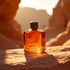 "Amber Perfume Bottle on Desert Rock at Sunset – Luxury Fragrance Branding with Natural Backdrop"